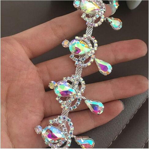 1 ياردة كريستال AB هامش سلسلة حجر الراين الزفاف زين مطرز بالخرز فضي/ذهبي (كريستال AB - قاعدة فضية) in Kuwait