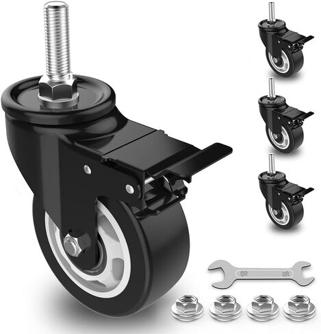 COOWOO 3" Stem Caster Wheels with Safety Dual Locking, 3/8" -16 x 1-1/2" Heavy Duty Threaded Stem Casters, No Noise Swivel Castors with Brakes, 250 Lbs Load Capacity Per Caster(Set of 4) in Saudi Arabia