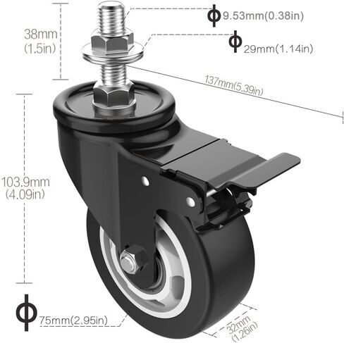 COOWOO 3" Stem Caster Wheels with Safety Dual Locking, 3/8" -16 x 1-1/2" Heavy Duty Threaded Stem Casters, No Noise Swivel Castors with Brakes, 250 Lbs Load Capacity Per Caster(Set of 4) in Saudi Arabia