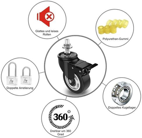COOWOO 3" Stem Caster Wheels with Safety Dual Locking, 3/8" -16 x 1-1/2" Heavy Duty Threaded Stem Casters, No Noise Swivel Castors with Brakes, 250 Lbs Load Capacity Per Caster(Set of 4) in Saudi Arabia