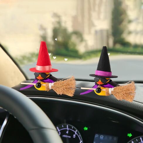 wonuu Rubber Duck Car Ornaments Duck Car Dashboard Decorations for Car Decorations with Magic Hat Broom Necklace and Sunglasses, I_Black&Purple hat in Saudi Arabia