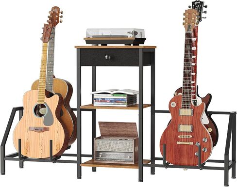 HOOBRO Guitar Stand, Adjustable Guitar Display Rack with Drawer, 4 Holder for Multiple Guitar, Bass, Electric Guitar, 3-Tier Shelf for Stereo, Floor Guitar Amp Accessories, Rustic Brown and Black in Saudi Arabia