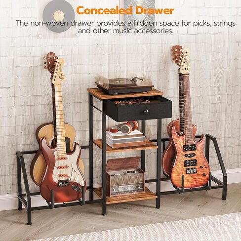 HOOBRO Guitar Stand, Adjustable Guitar Display Rack with Drawer, 4 Holder for Multiple Guitar, Bass, Electric Guitar, 3-Tier Shelf for Stereo, Floor Guitar Amp Accessories, Rustic Brown and Black in Saudi Arabia