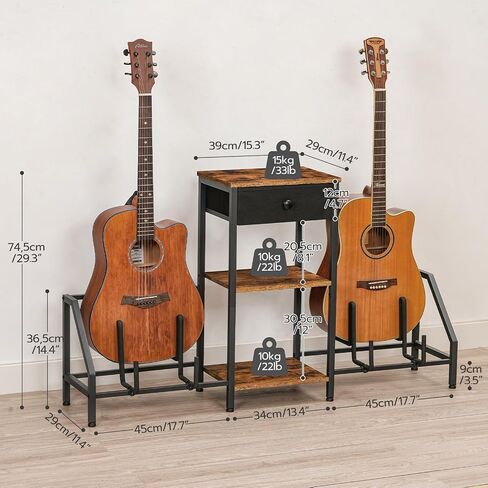 HOOBRO Guitar Stand, Adjustable Guitar Display Rack with Drawer, 4 Holder for Multiple Guitar, Bass, Electric Guitar, 3-Tier Shelf for Stereo, Floor Guitar Amp Accessories, Rustic Brown and Black in Saudi Arabia