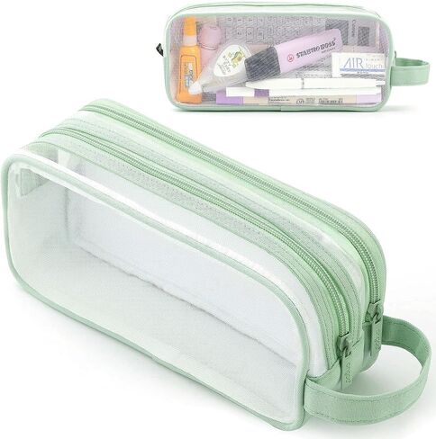 Large Grid Mesh Pencil Case 2 Compartments, Clear Pen Pencil Pouch with Zipper, Multifunction Transparent Stationery Bag for Student College Office Teen Boys Girls Makeup Bag for Adults Travel (Blue) in Kuwait