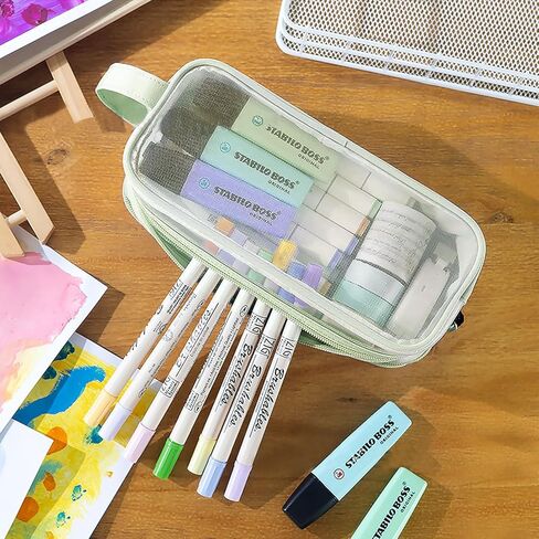 Large Grid Mesh Pencil Case 2 Compartments, Clear Pen Pencil Pouch with Zipper, Multifunction Transparent Stationery Bag for Student College Office Teen Boys Girls Makeup Bag for Adults Travel (Blue) in Kuwait