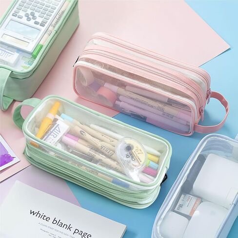 Large Grid Mesh Pencil Case 2 Compartments, Clear Pen Pencil Pouch with Zipper, Multifunction Transparent Stationery Bag for Student College Office Teen Boys Girls Makeup Bag for Adults Travel (Blue) in Kuwait