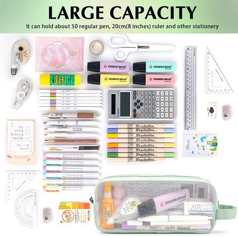 Large Grid Mesh Pencil Case 2 Compartments, Clear Pen Pencil Pouch with Zipper, Multifunction Transparent Stationery Bag for Student College Office Teen Boys Girls Makeup Bag for Adults Travel (Blue) in Kuwait