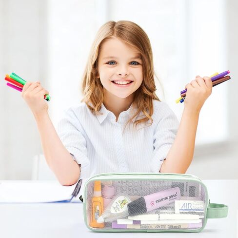 Large Grid Mesh Pencil Case 2 Compartments, Clear Pen Pencil Pouch with Zipper, Multifunction Transparent Stationery Bag for Student College Office Teen Boys Girls Makeup Bag for Adults Travel (Blue) in Kuwait