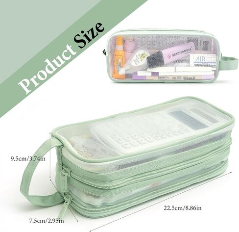 Large Grid Mesh Pencil Case 2 Compartments, Clear Pen Pencil Pouch with Zipper, Multifunction Transparent Stationery Bag for Student College Office Teen Boys Girls Makeup Bag for Adults Travel (Blue) in Kuwait