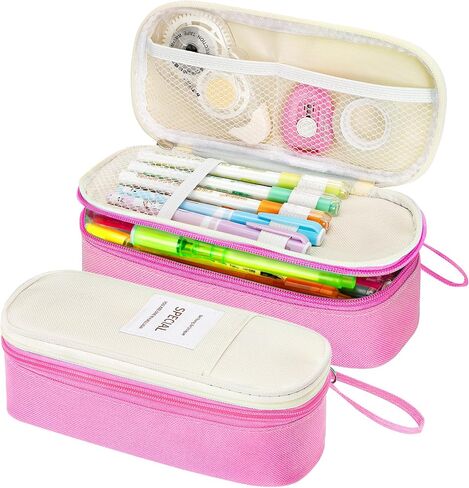 KMUYSL Large Pencil Case, Big Pencil Pouch with 3 Compartments, Handheld Pen Bag Organizer with Zipper, Portable Pen Bag for School Office Supplies Teen Girl Boy Adult, Pink in Saudi Arabia