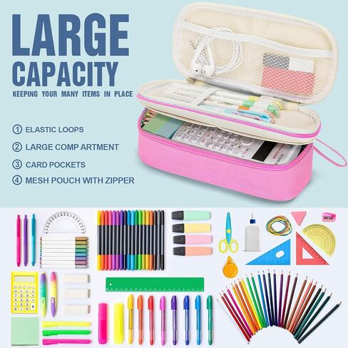 KMUYSL Large Pencil Case, Big Pencil Pouch with 3 Compartments, Handheld Pen Bag Organizer with Zipper, Portable Pen Bag for School Office Supplies Teen Girl Boy Adult, Pink in Saudi Arabia