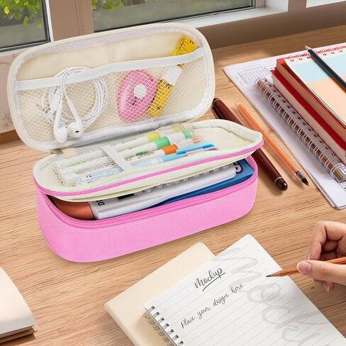KMUYSL Large Pencil Case, Big Pencil Pouch with 3 Compartments, Handheld Pen Bag Organizer with Zipper, Portable Pen Bag for School Office Supplies Teen Girl Boy Adult, Pink in Saudi Arabia