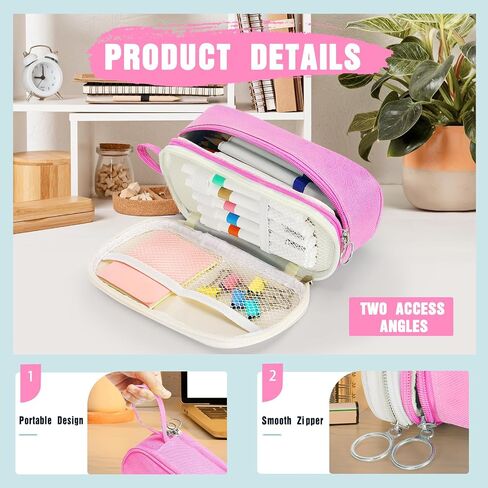 KMUYSL Large Pencil Case, Big Pencil Pouch with 3 Compartments, Handheld Pen Bag Organizer with Zipper, Portable Pen Bag for School Office Supplies Teen Girl Boy Adult, Pink in Saudi Arabia