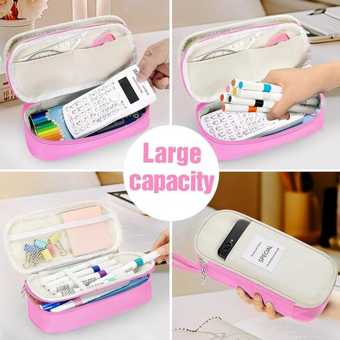 KMUYSL Large Pencil Case, Big Pencil Pouch with 3 Compartments, Handheld Pen Bag Organizer with Zipper, Portable Pen Bag for School Office Supplies Teen Girl Boy Adult, Pink in Saudi Arabia