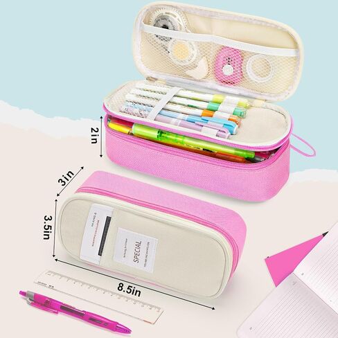 KMUYSL Large Pencil Case, Big Pencil Pouch with 3 Compartments, Handheld Pen Bag Organizer with Zipper, Portable Pen Bag for School Office Supplies Teen Girl Boy Adult, Pink in Saudi Arabia