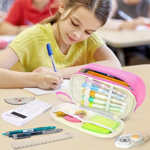 KMUYSL Large Pencil Case, Big Pencil Pouch with 3 Compartments, Handheld Pen Bag Organizer with Zipper, Portable Pen Bag for School Office Supplies Teen Girl Boy Adult, Pink in Saudi Arabia