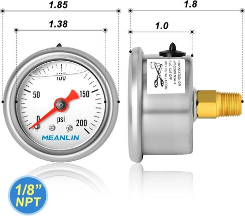 مقياس ضغط مينلين 0 ~ 200 رطل لكل بوصة مربعة، جليسرين مملوء 1/8 بوصة NPT 1.5 بوصة قرص وجه، مقياس ضغط مملوء بالسائل من الفولاذ المقاوم للصدأ WOG حامل خلفي لزيت الماء والهواء in Kuwait