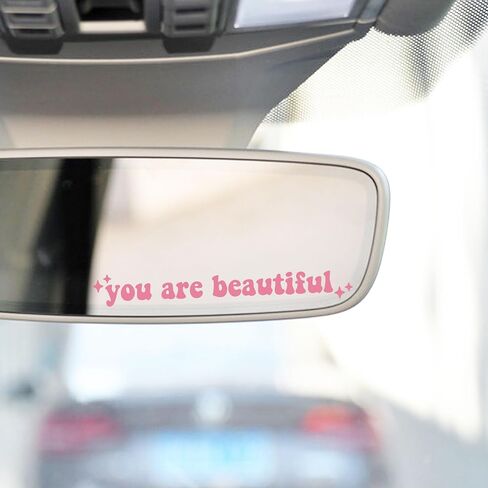 2 x You Are Beautiful Car Mirror Decal, Rearview Mirror Sticker, Women Car Decor, Self Affirmation Car Decal, Car Mirror Sticker, Cute Car Decal, Positivity Sticker (Pink) in Saudi Arabia
