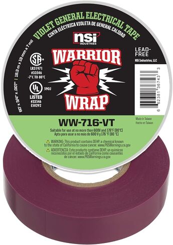 شريط كهربائي من الفينيل NSI WW-716-VT WarriorWrap General 7 مل، عرض 3/4 بوصة، طول 60 بوصة، بنفسجي in Saudi Arabia