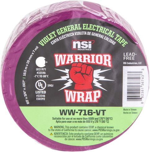 شريط كهربائي من الفينيل NSI WW-716-VT WarriorWrap General 7 مل، عرض 3/4 بوصة، طول 60 بوصة، بنفسجي in Saudi Arabia
