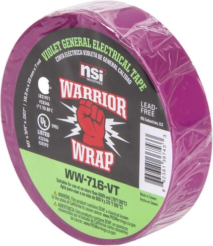 شريط كهربائي من الفينيل NSI WW-716-VT WarriorWrap General 7 مل، عرض 3/4 بوصة، طول 60 بوصة، بنفسجي in Saudi Arabia