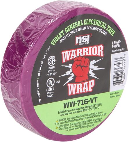 شريط كهربائي من الفينيل NSI WW-716-VT WarriorWrap General 7 مل، عرض 3/4 بوصة، طول 60 بوصة، بنفسجي in Saudi Arabia