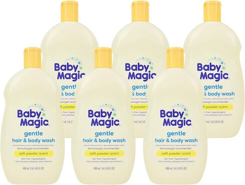 غسول الجسم للشعر اللطيف من بيبي ماجيك، 16.5 أونصة، عبوة من زيت الآذريون وزيت جوز الهند، أصفر، رائحة مسحوق ناعم، 6 قطع in Kuwait