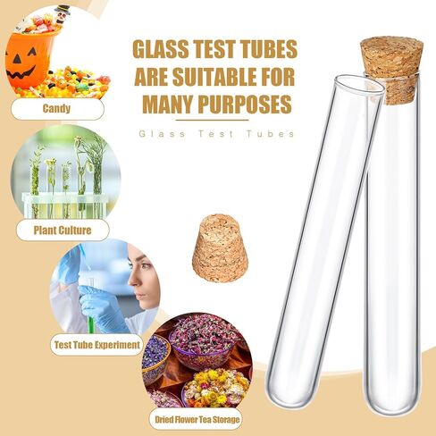 Thyle Glass Test Tubes with Cork Clear Stoppers Round Bottom Lab Test Alcohol Tampons Glass Tubes Container Vials for Plants Scientific Experiments Candy Storage Party Favors (50pcs,15 * 100mm/13ml) in Kuwait