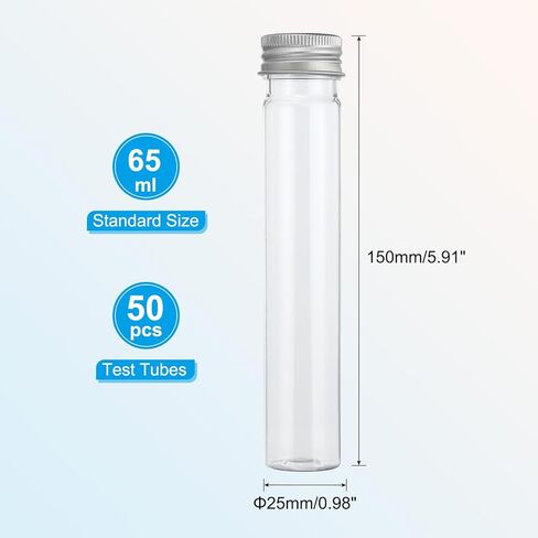 PATIKIL 65ml Test Tubes, 80pcs 5.91x0.98" Plastic Clear Flat Bottom Test Tube Containers with Caps for Bead Party Candy Bath Salt Storage Scientific Experiment Plant Propagation, Silver in Saudi Arabia