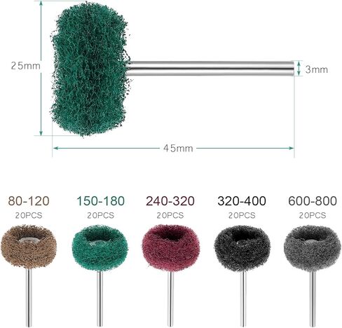 عجلة تلميع 100 قطعة من Faankiton 80/150/240/320/600 حبيبة، مجموعة عجلات تلميع كاشطة 25 مم مع ملحقات تلميع ساق 3 مم للأدوات الدوارة للزجاج المعدني وتلميع الخشب والصنفرة in Kuwait