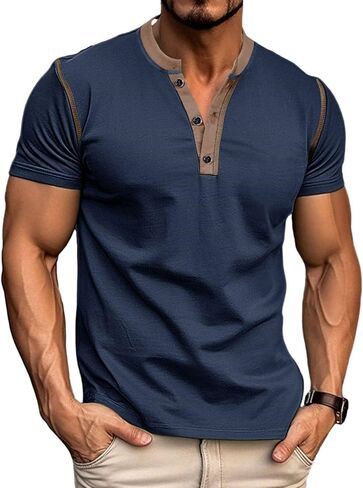 Men's Casual Henley Shirts Classic Button Cotton Short Sleeve T-Shirt Summer Basic Solid Lightweight Tees Tops in Saudi Arabia