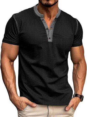 Men's Casual Henley Shirts Classic Button Cotton Short Sleeve T-Shirt Summer Basic Solid Lightweight Tees Tops in Saudi Arabia
