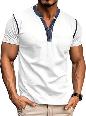 Men's Casual Henley Shirts Classic Button Cotton Short Sleeve T-Shirt Summer Basic Solid Lightweight Tees Tops in Saudi Arabia