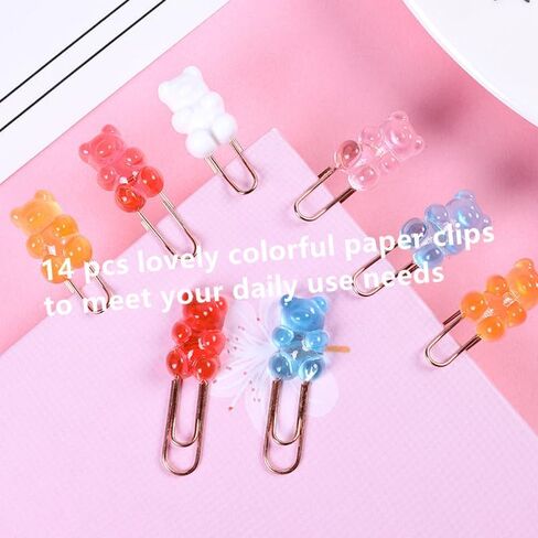 HamayuaZen 14 قطعة حامل ورق معدني، مشابك ورقية صغيرة، مشابك مذكرة على شكل دب قوس قزح، مقاطع ملف Kawaii لطيفة، لوازم مدرسية Kawaii، قرطاسية للطلاب in Kuwait