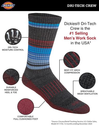 Dickies Men's Dri-Tech Legacy Moisture Control Crew Socks Multipack, Heathered Colors (6 Pairs), Large in Saudi Arabia