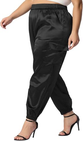 Agnes Orinda Plus Size Satin Joggers for Women Elastic Waist Athleisure Ankle Length Cargo Pants with Pocket in Kuwait