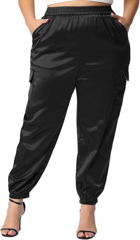 Agnes Orinda Plus Size Satin Joggers for Women Elastic Waist Athleisure Ankle Length Cargo Pants with Pocket in Kuwait
