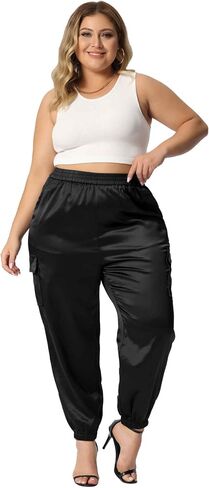 Agnes Orinda Plus Size Satin Joggers for Women Elastic Waist Athleisure Ankle Length Cargo Pants with Pocket in Kuwait