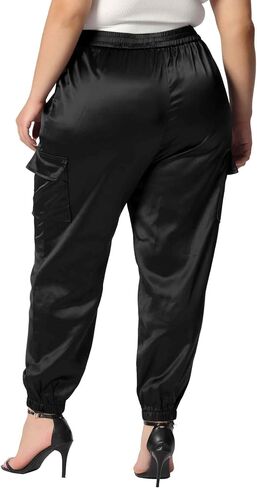 Agnes Orinda Plus Size Satin Joggers for Women Elastic Waist Athleisure Ankle Length Cargo Pants with Pocket in Kuwait