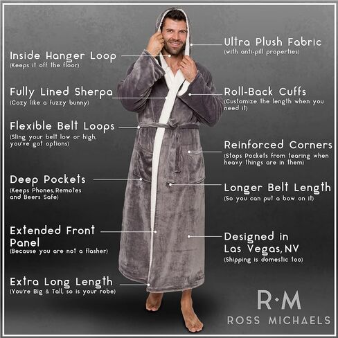 Ross Michaels Mens Luxury Robe Hooded Big and Tall - Long Plush Fleece Bath Robe with Hood and Pockets- Gift Men and Teens in Saudi Arabia