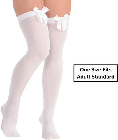 White Thigh Highs Socks with Satin Bow - Adult Standard Size, 1 Pair - Perfect for Halloween, Everyday Wear & Performances in Saudi Arabia