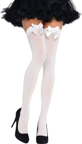 White Thigh Highs Socks with Satin Bow - Adult Standard Size, 1 Pair - Perfect for Halloween, Everyday Wear & Performances in Saudi Arabia