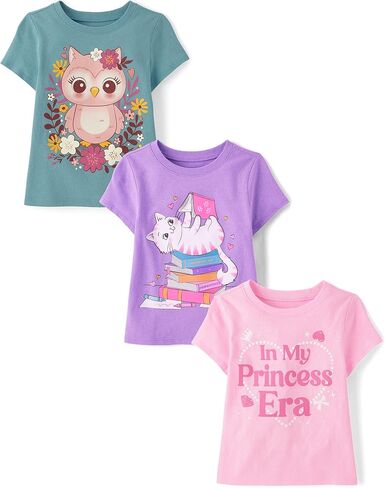 The Children's Place,And Toddler Girls Short Sleeve Graphic T-shirt 3-pack,Baby-Girls,Alaphabet/Numbers/Over the Rainbow,5T in Saudi Arabia