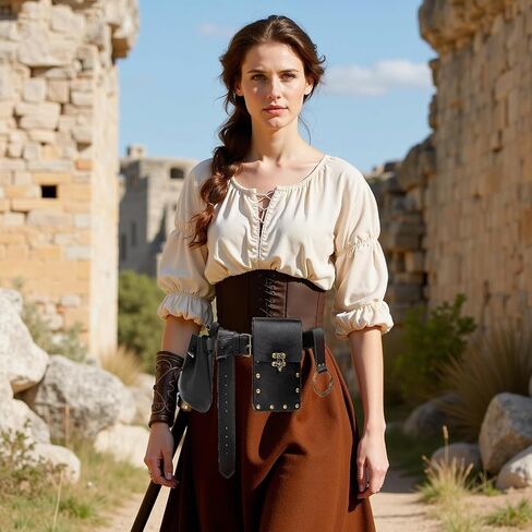 Steampunk Fashion Waist Bag Fanny Pack Belt Pouch Phone Purse Festival Medieval Renaissance Costume Retro Cosplay Accessory (2P-Black) in Kuwait