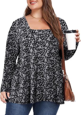 OVERWORETY Womens Plus Size T-Shirt Square Neck Puff Sleeve Loose Casual Tunic Tops in Kuwait