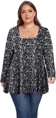 OVERWORETY Womens Plus Size T-Shirt Square Neck Puff Sleeve Loose Casual Tunic Tops in Kuwait