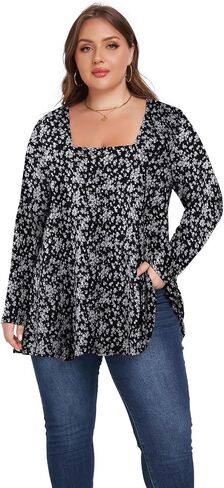 OVERWORETY Womens Plus Size T-Shirt Square Neck Puff Sleeve Loose Casual Tunic Tops in Kuwait