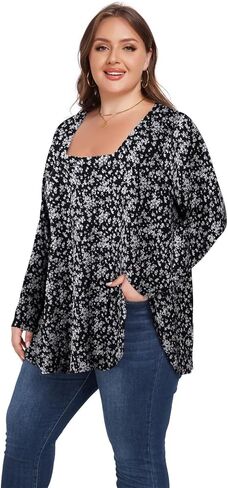 OVERWORETY Womens Plus Size T-Shirt Square Neck Puff Sleeve Loose Casual Tunic Tops in Kuwait