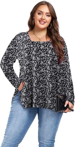OVERWORETY Womens Plus Size T-Shirt Square Neck Puff Sleeve Loose Casual Tunic Tops in Kuwait